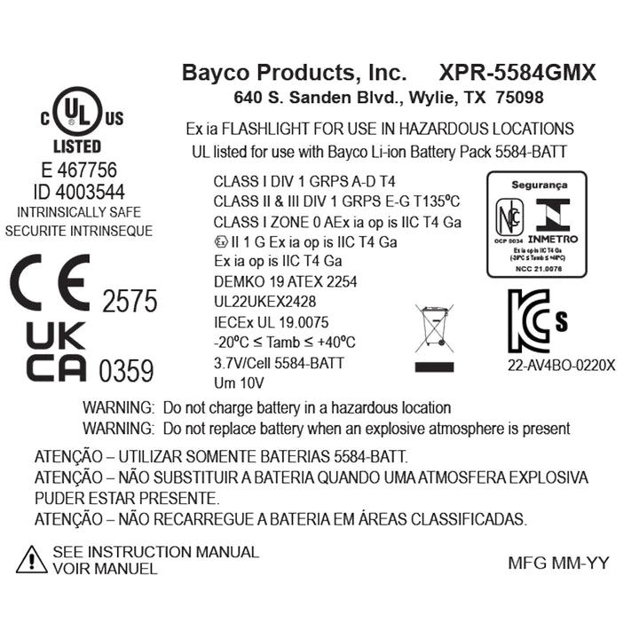 Lanterna recarregável para área intrinsecamente segura INTEGRITAS - XPR-5584GMX