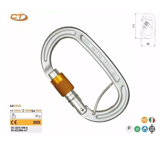 MOSQUETÃO OVAL ALUMÍNIO 25 KN TRAVA ROSCA STRING, EN,CE, UIAA - CT3094